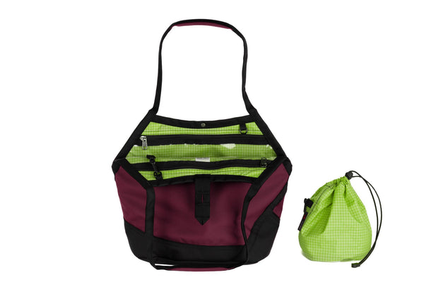 A Swift in Raspberry Ballistic with Kiwi (bright green with white grid) 200 Halcyon interior and Yarn Stuff Sack.